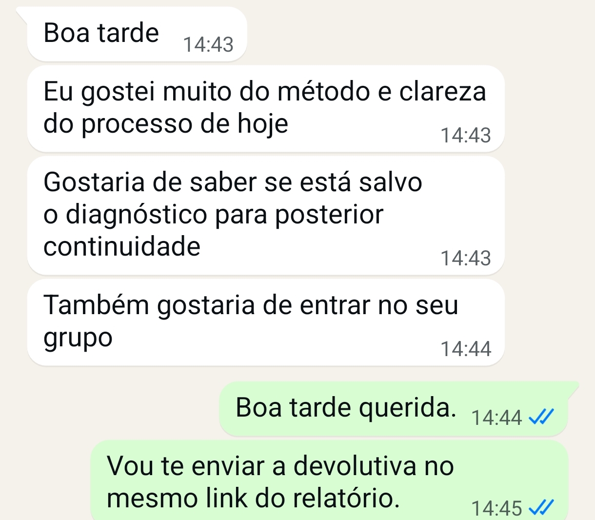 Print de depoimento real enviado por WhatsApp