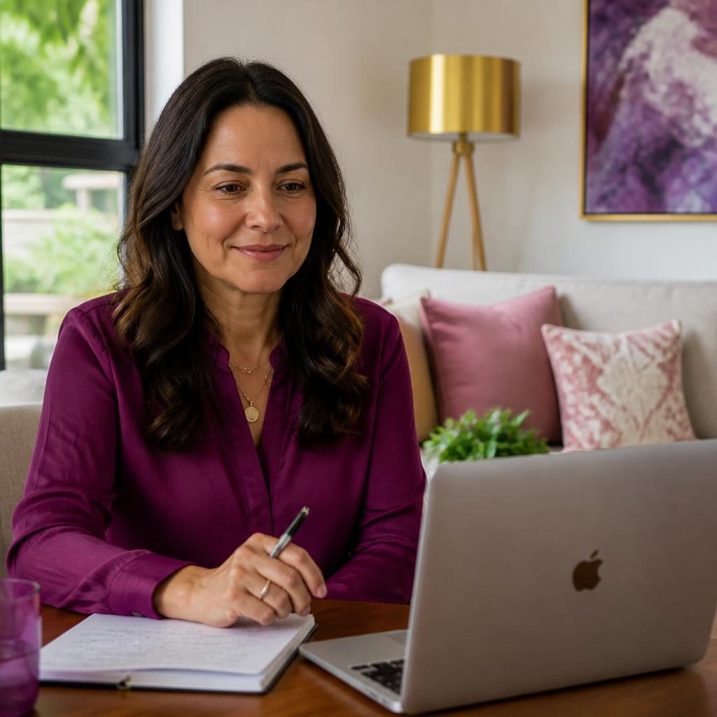 Mulher serena em sessão online, com caderno de anotações ao lado do notebook