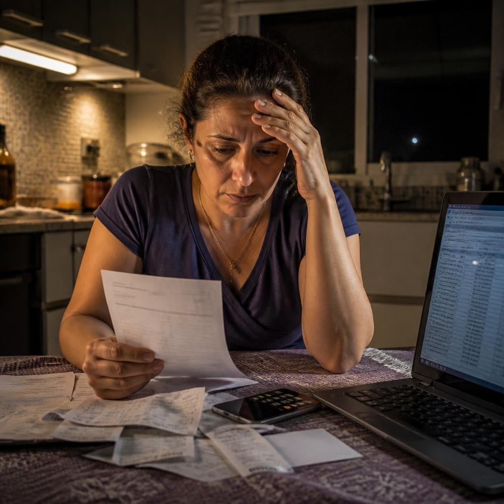 Mulher preocupada revisando contas e recibos na mesa da cozinha à noite